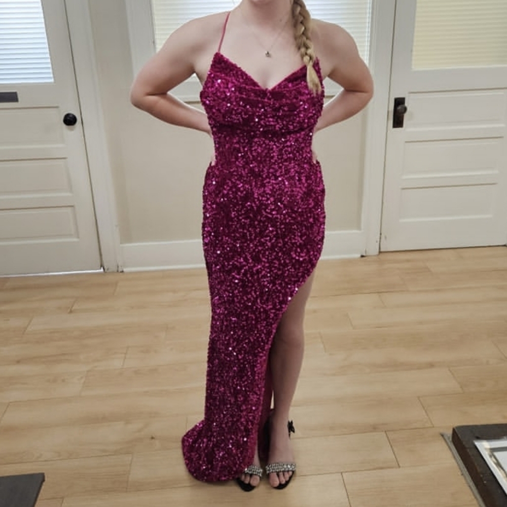 Size 6/8 hot pink/fuschia soft velvet sequin gown, cowl neck leg cut out NWT
